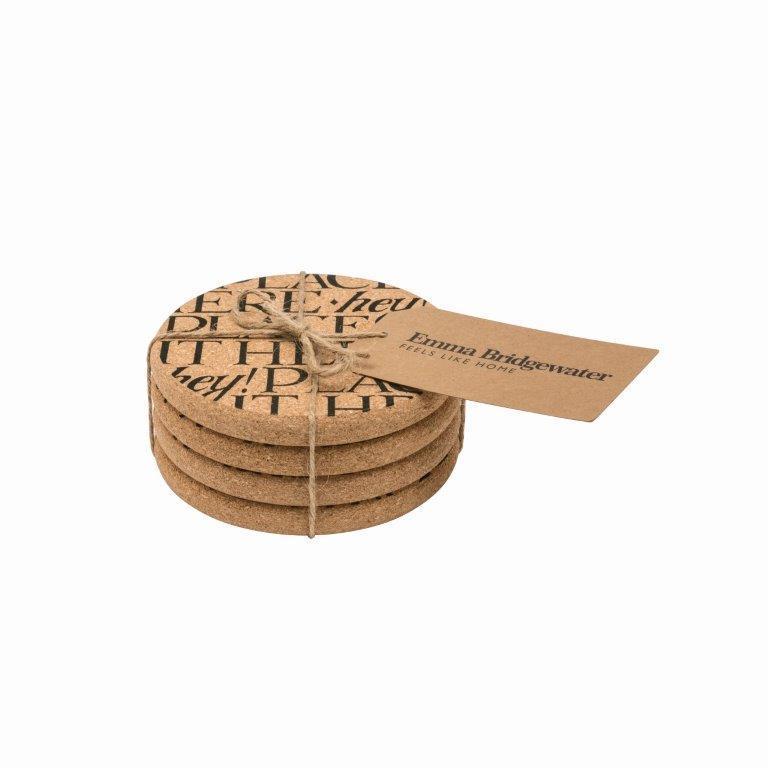 Emma Bridgewater Set of 4 Cork Coasters, Black Toast Print Vibrant Home